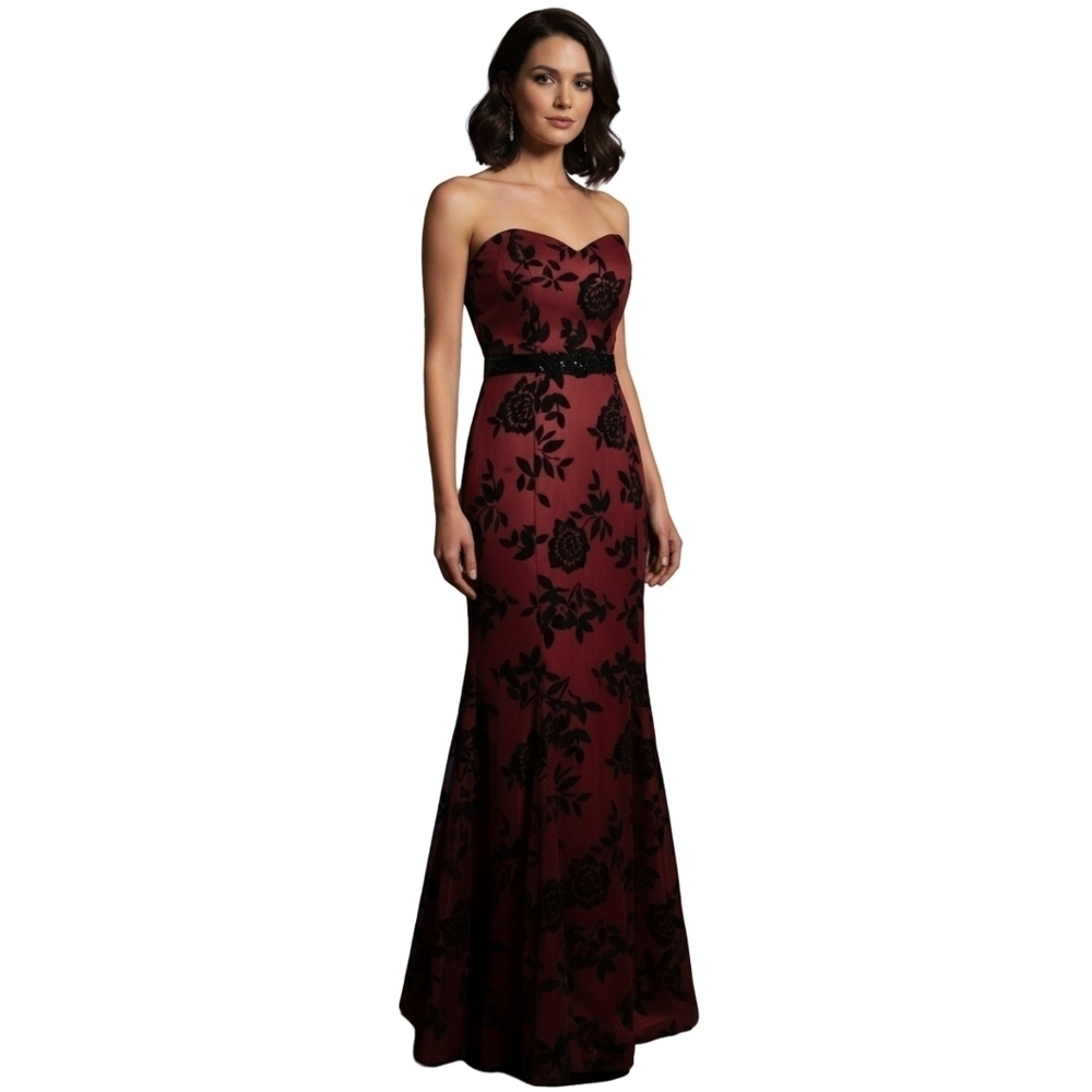 B. Darlin Strapless Burgundy Floral Dress - Picture 2 of 11